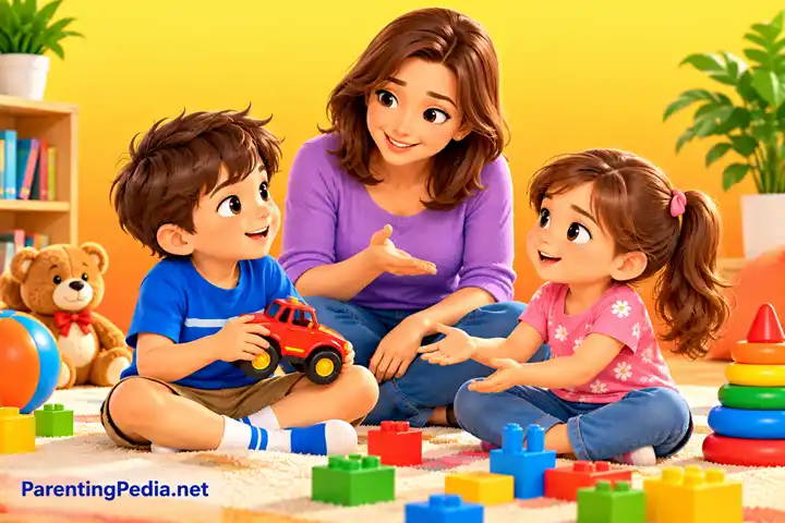 Sibling rivalry guidance as a mother helps children share a toy