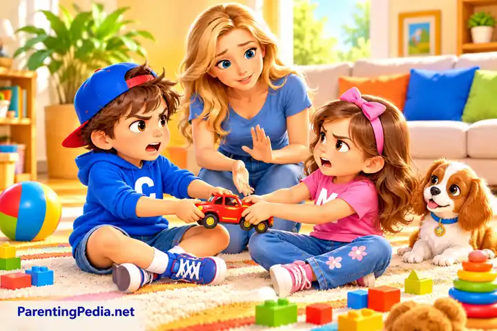 Sibling rivalry as a mother calmly helps children share a toy car