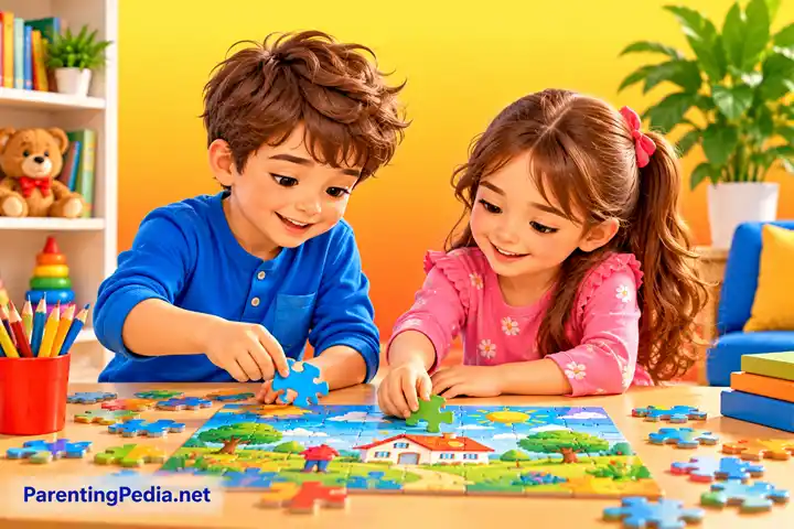 Sibling rivalry prevention as children work together on a puzzle